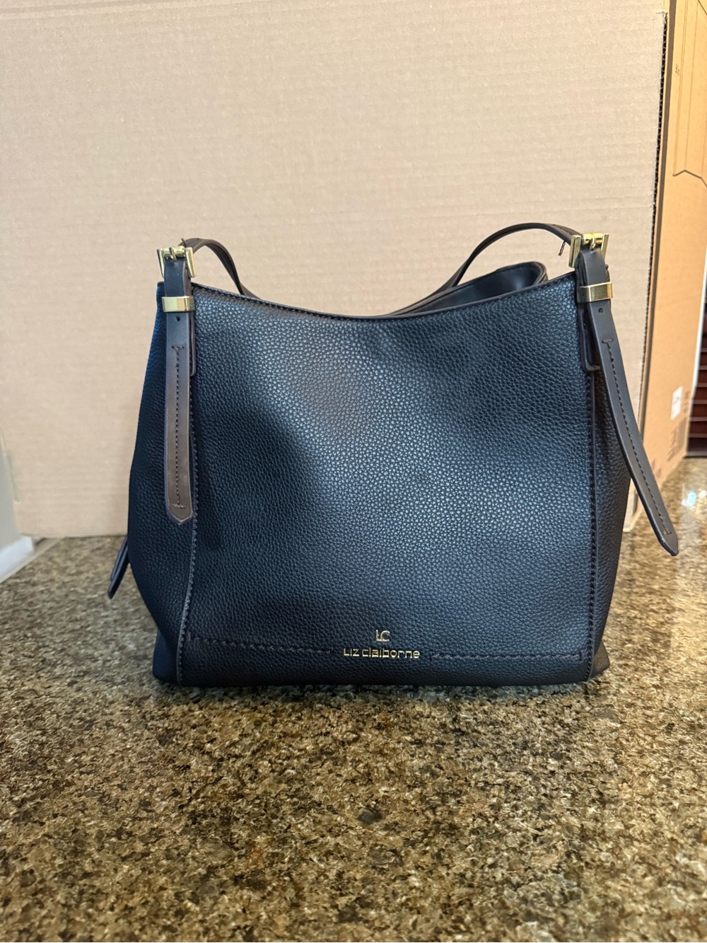 Liz Claiborne Black Pebbled Leather Shoulder Bag with Gold Accents